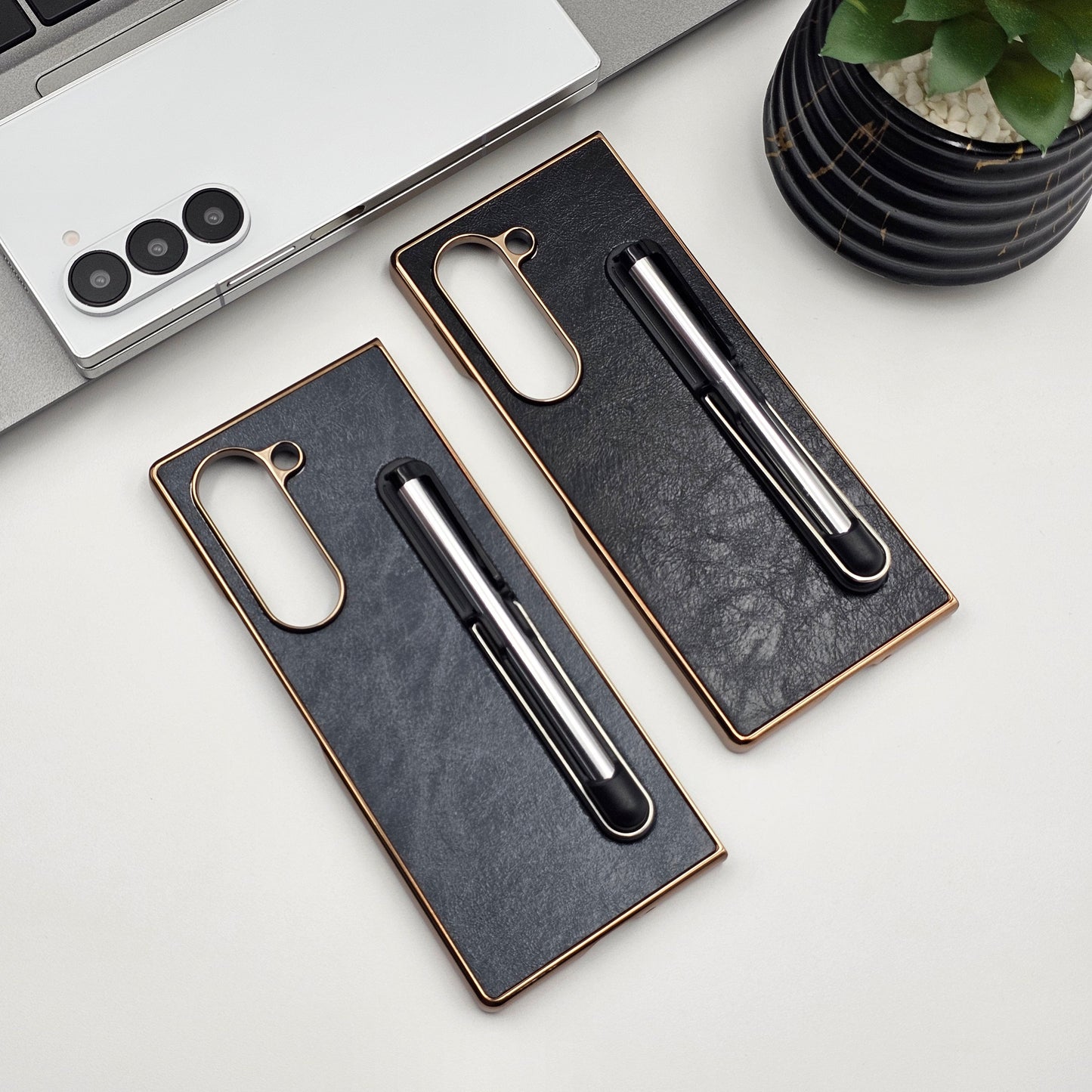 Leather Case with Pen & Holder for Samsung Galaxy Z Fold 6 | Kickstand | Gold Chrome Finish