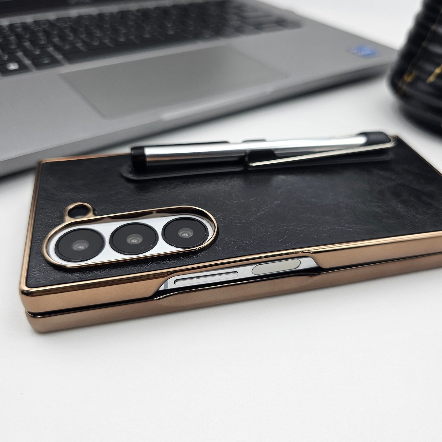 Leather Case with Pen & Holder for Samsung Galaxy Z Fold 6 | Kickstand | Gold Chrome Finish