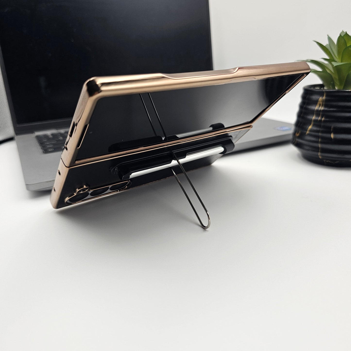 Leather Case with Pen & Holder for Samsung Galaxy Z Fold 6 | Kickstand | Gold Chrome Finish