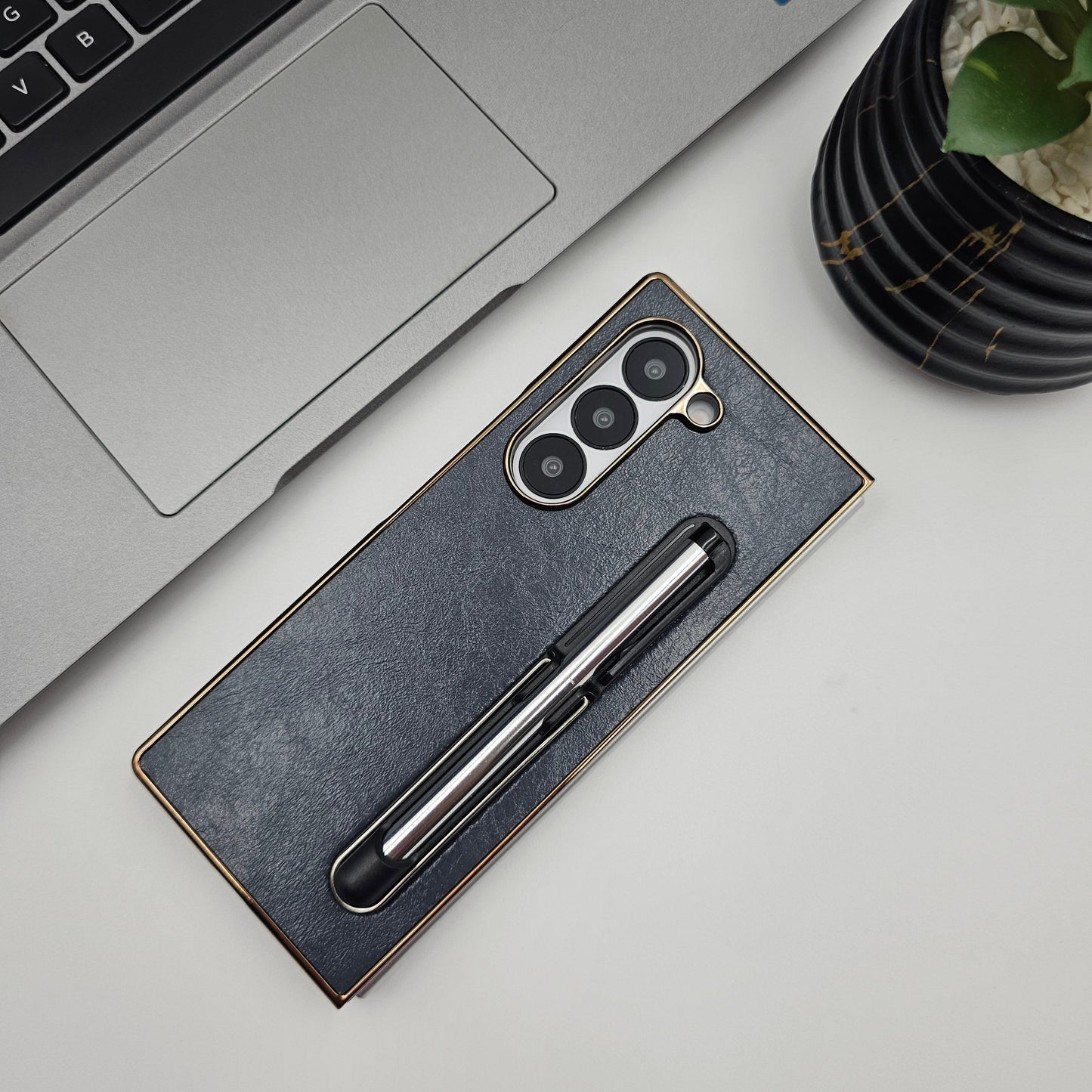 Leather Case with Pen & Holder for Samsung Galaxy Z Fold 6 | Kickstand | Gold Chrome Finish