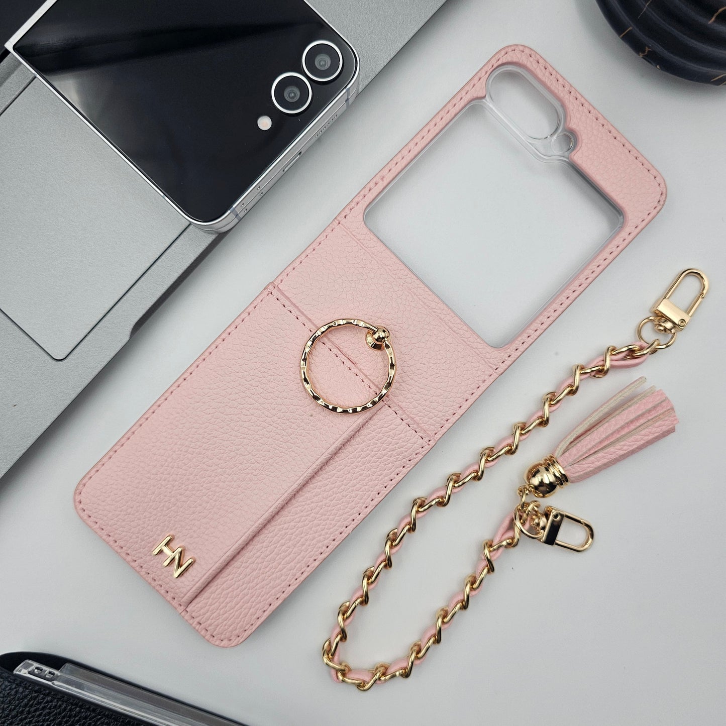 Luxury Leather Case for Samsung Galaxy Z Flip 6 | Cardholder | Gold Chain & Ring Holder