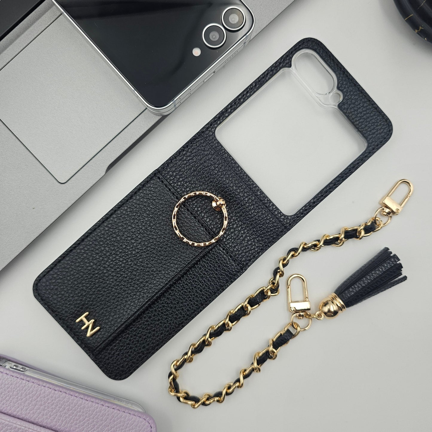 Luxury Leather Case for Samsung Galaxy Z Flip 7 FE | Cardholder | Gold Chain & Ring Holder