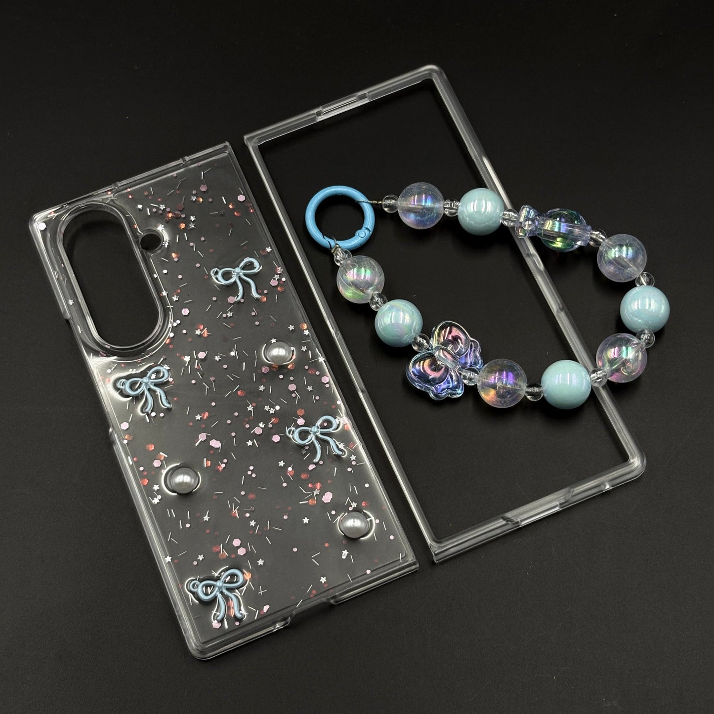 Samsung Galaxy Z Fold 7 Cute Blue Glitter Case with Pearl & Charm Strap | Protective Transparent Cover