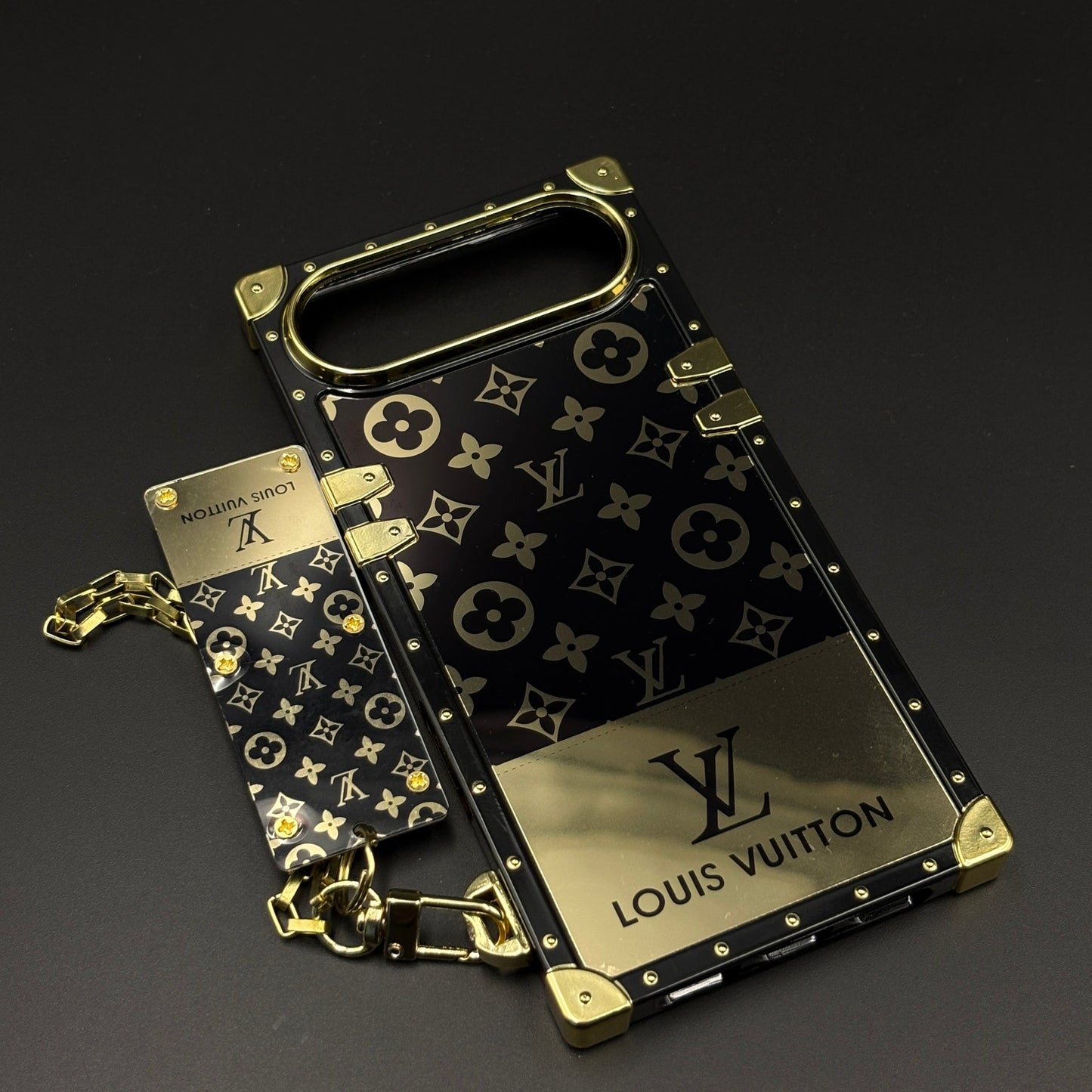 Luxury Trunk Phone Case Cover with Chain for iPhone 17 Air | Designer Metal Frame | Gold Monogram