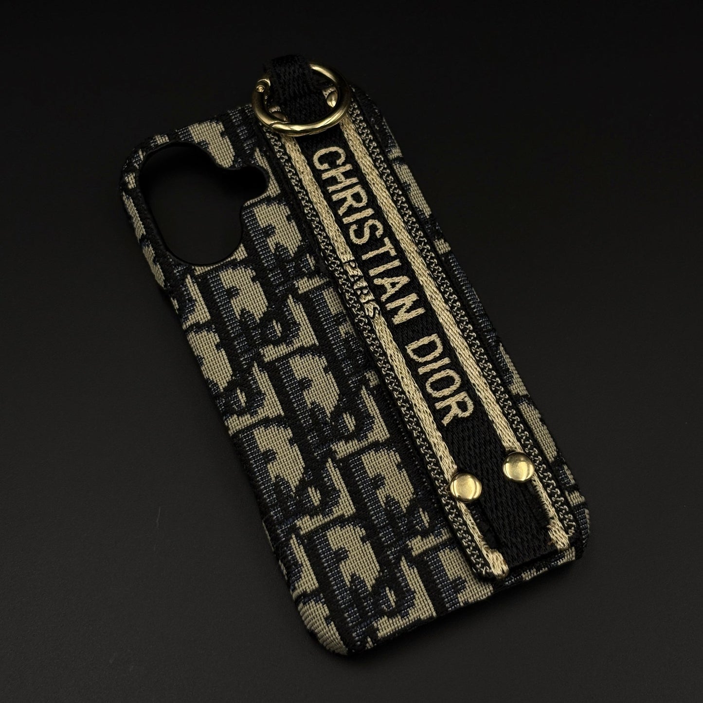 CD Embroidered Belt Strap Case for iPhone 17 | Designer Fabric Holder