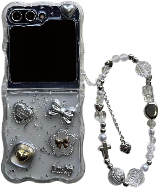 Samsung Galaxy Z Flip 6 Glitter Teddy Case with Pearl Strap & Charms | Transparent Cute Designer Cover