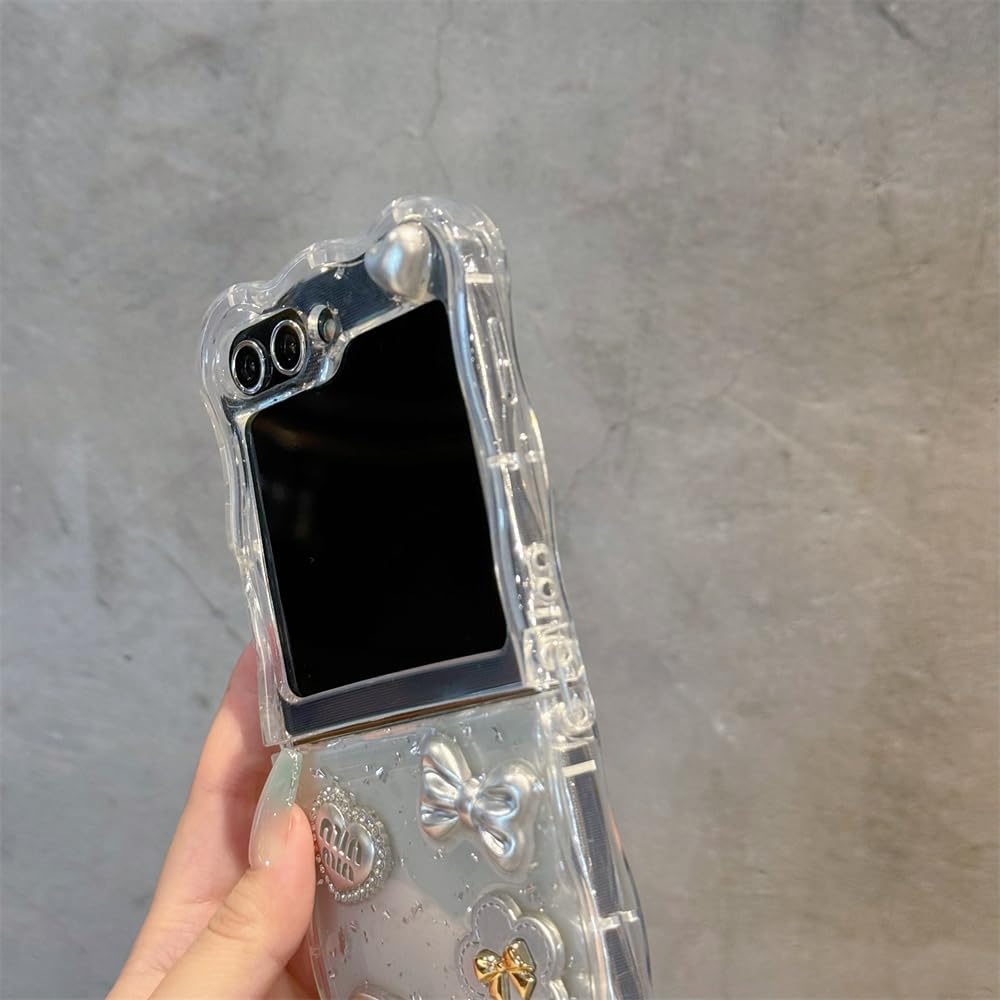 Samsung Galaxy Z Flip 6 Glitter Teddy Case with Pearl Strap & Charms | Transparent Cute Designer Cover
