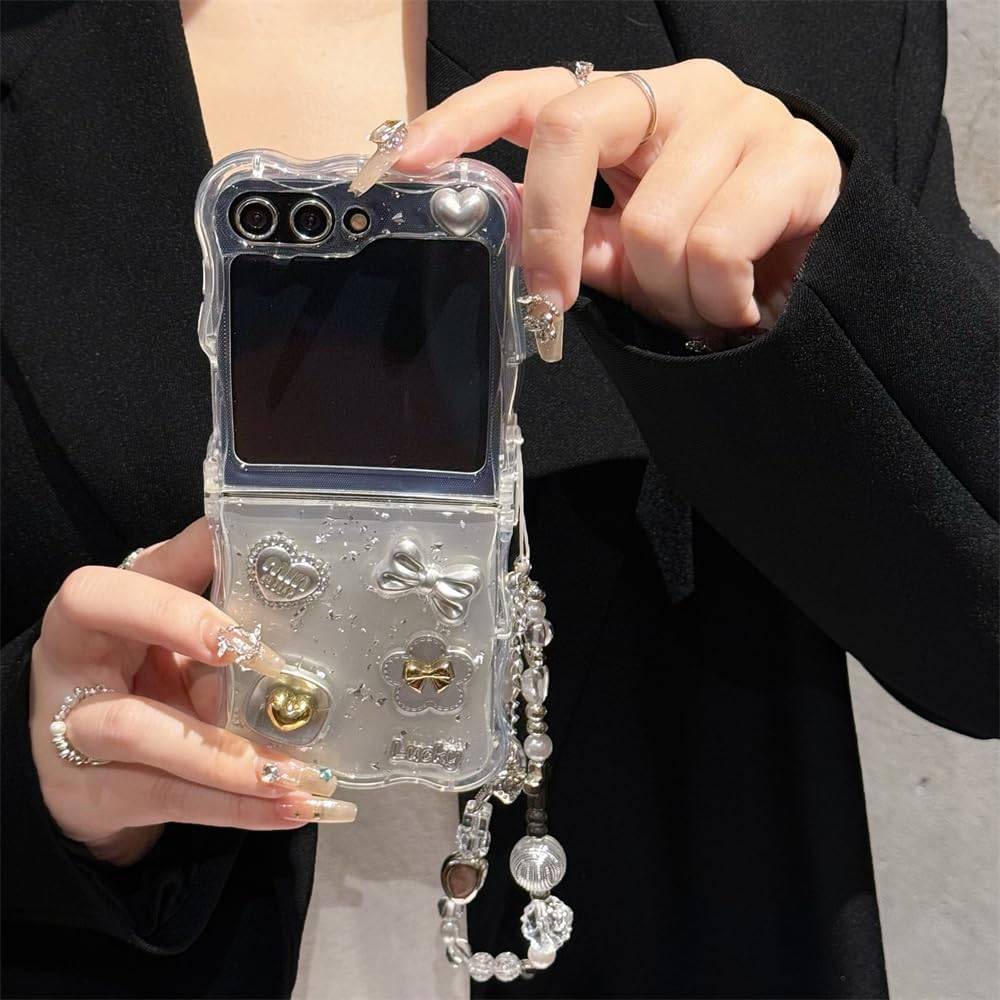 Samsung Galaxy Z Flip 6 Glitter Teddy Case with Pearl Strap & Charms | Transparent Cute Designer Cover
