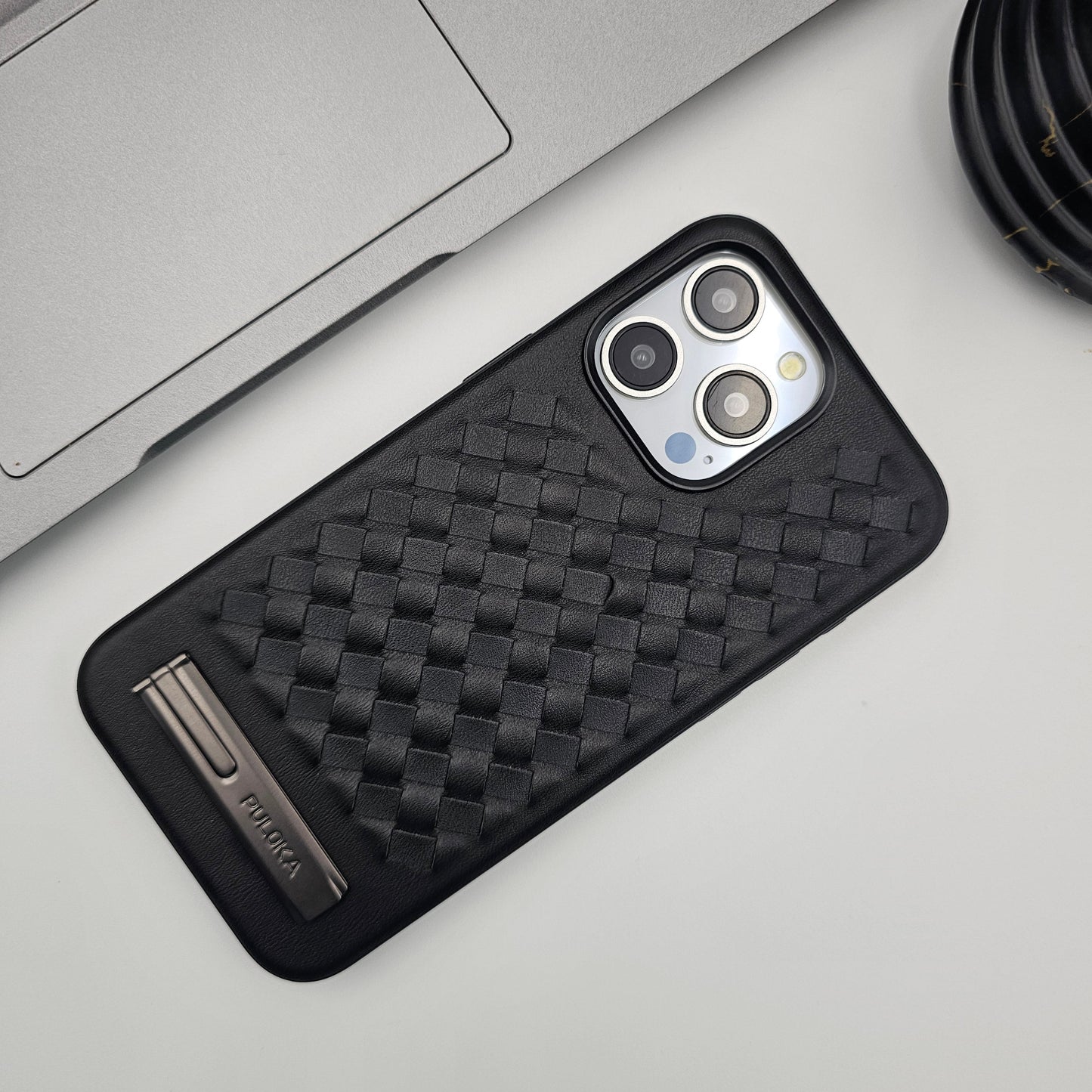 iPhone Leather Checks Grid Pattern Kickstand Case Inside Velvet