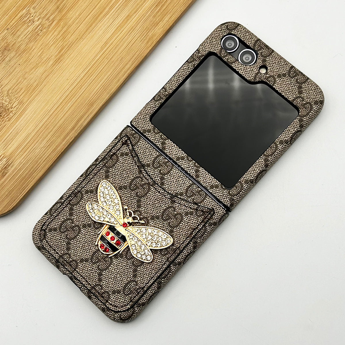 Samsung Galaxy Z Flip 7 FE Luxury GG Bee Design Card Holder Leather Case Cover