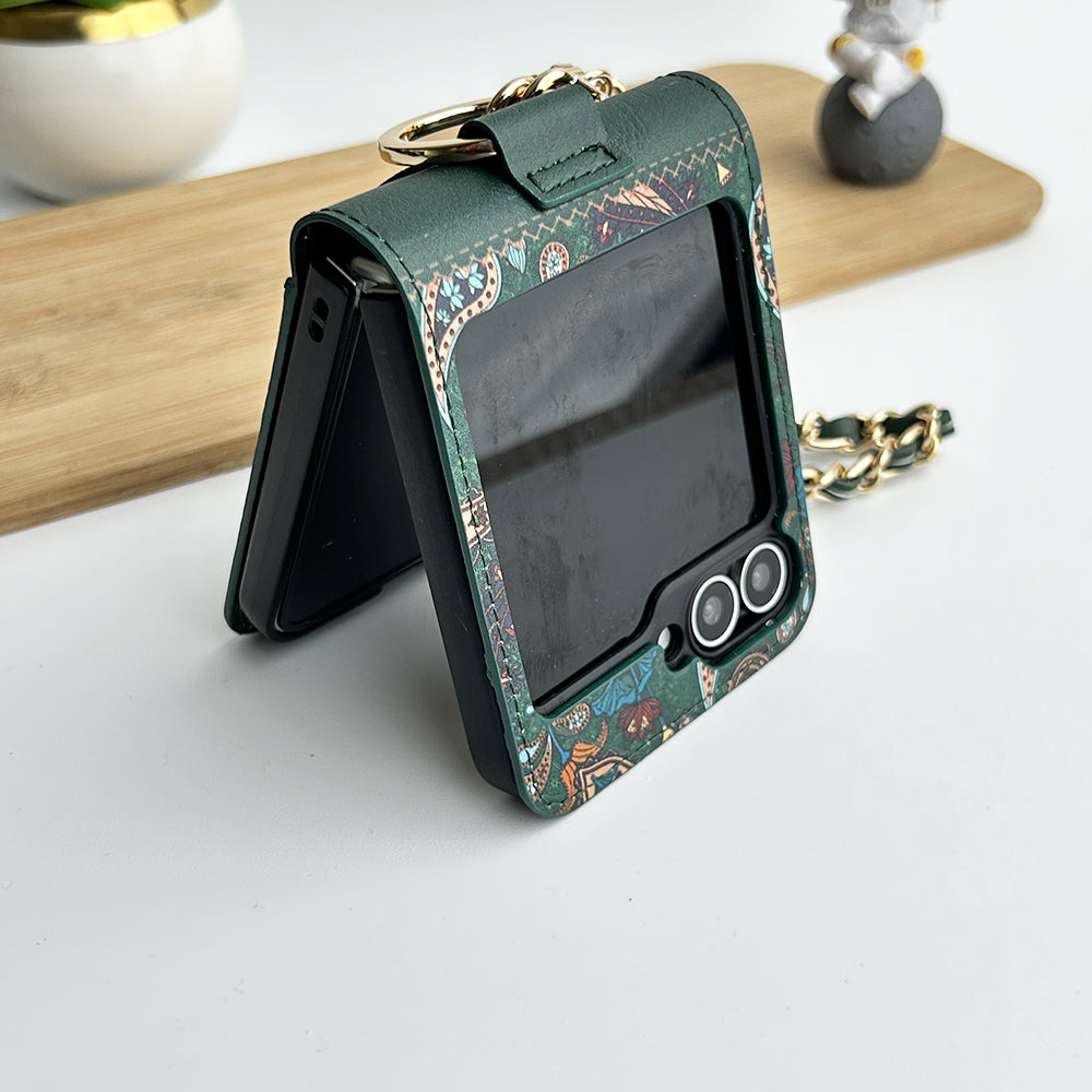 Indian Art Designer Case for Samsung Galaxy Z Flip 7 FE | Paisley Leather Cover with Chain Strap | Traditional Print