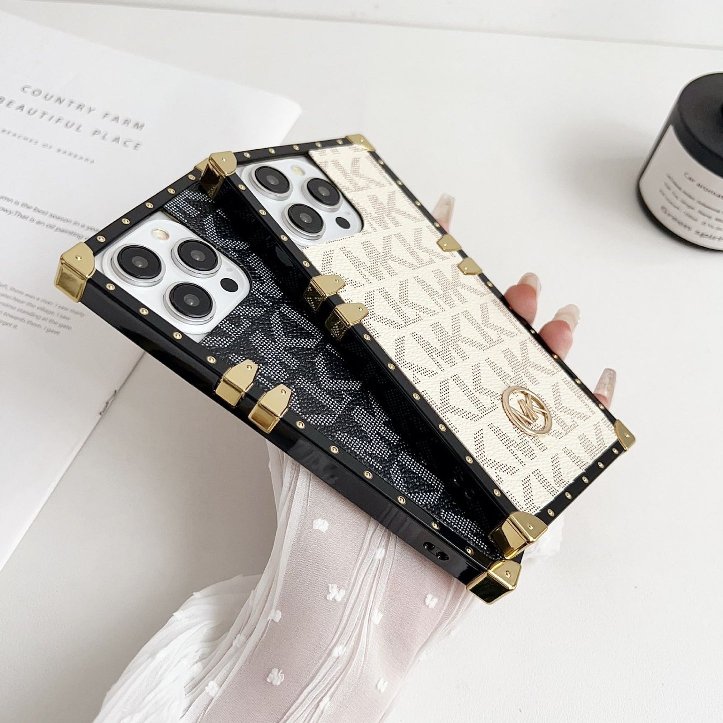 iPhone Luxury Branded MK Letter Square Shaped Trunk Leather Case