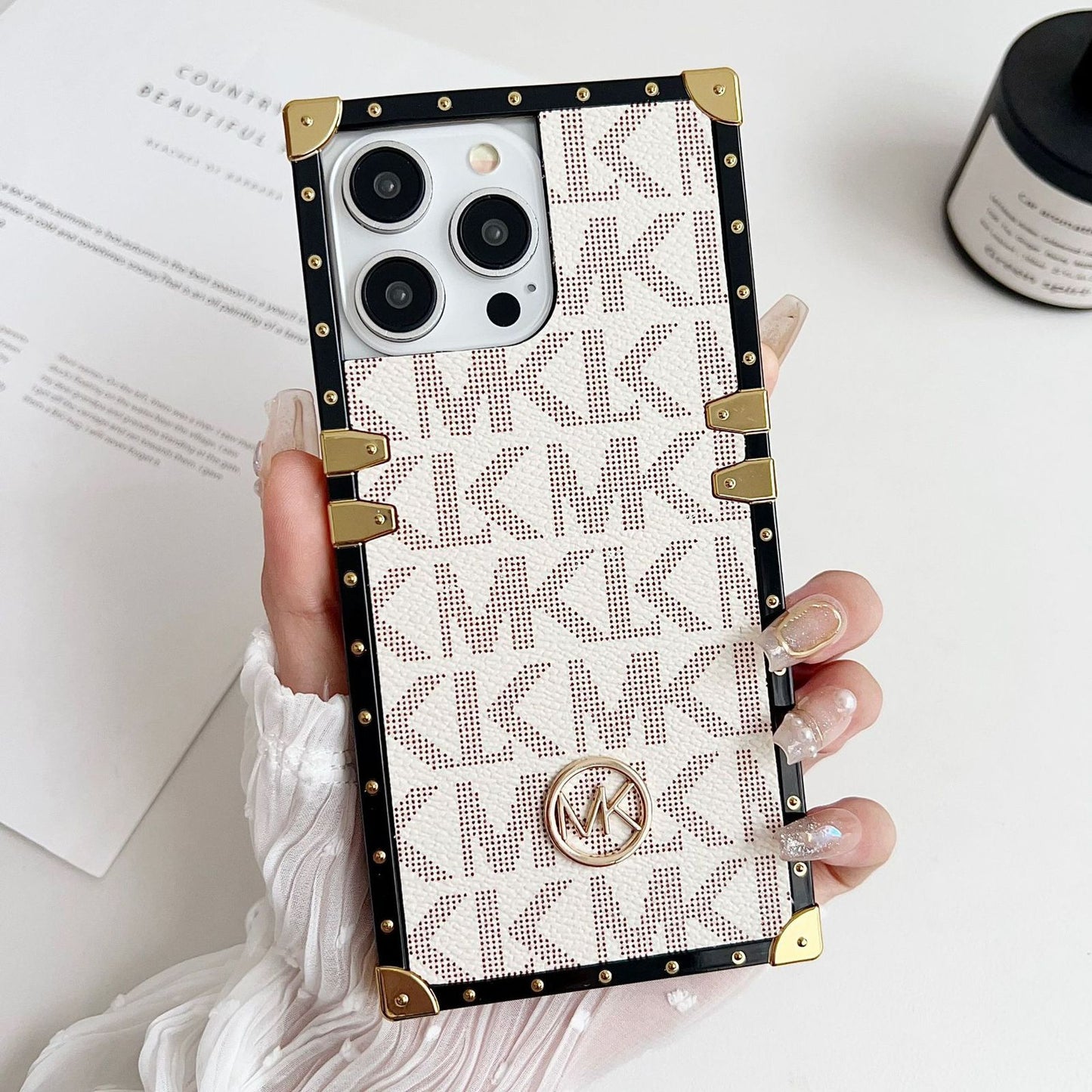 iPhone Luxury Branded MK Letter Square Shaped Trunk Leather Case