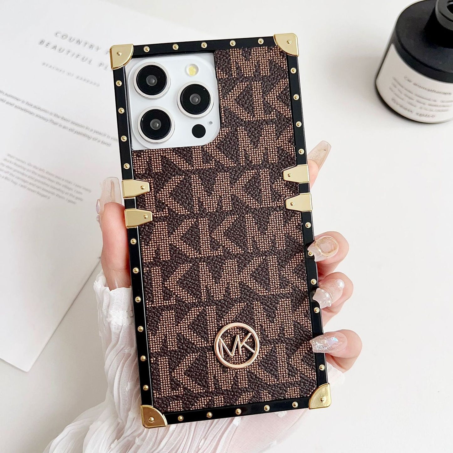 iPhone Luxury Branded MK Letter Square Shaped Trunk Leather Case