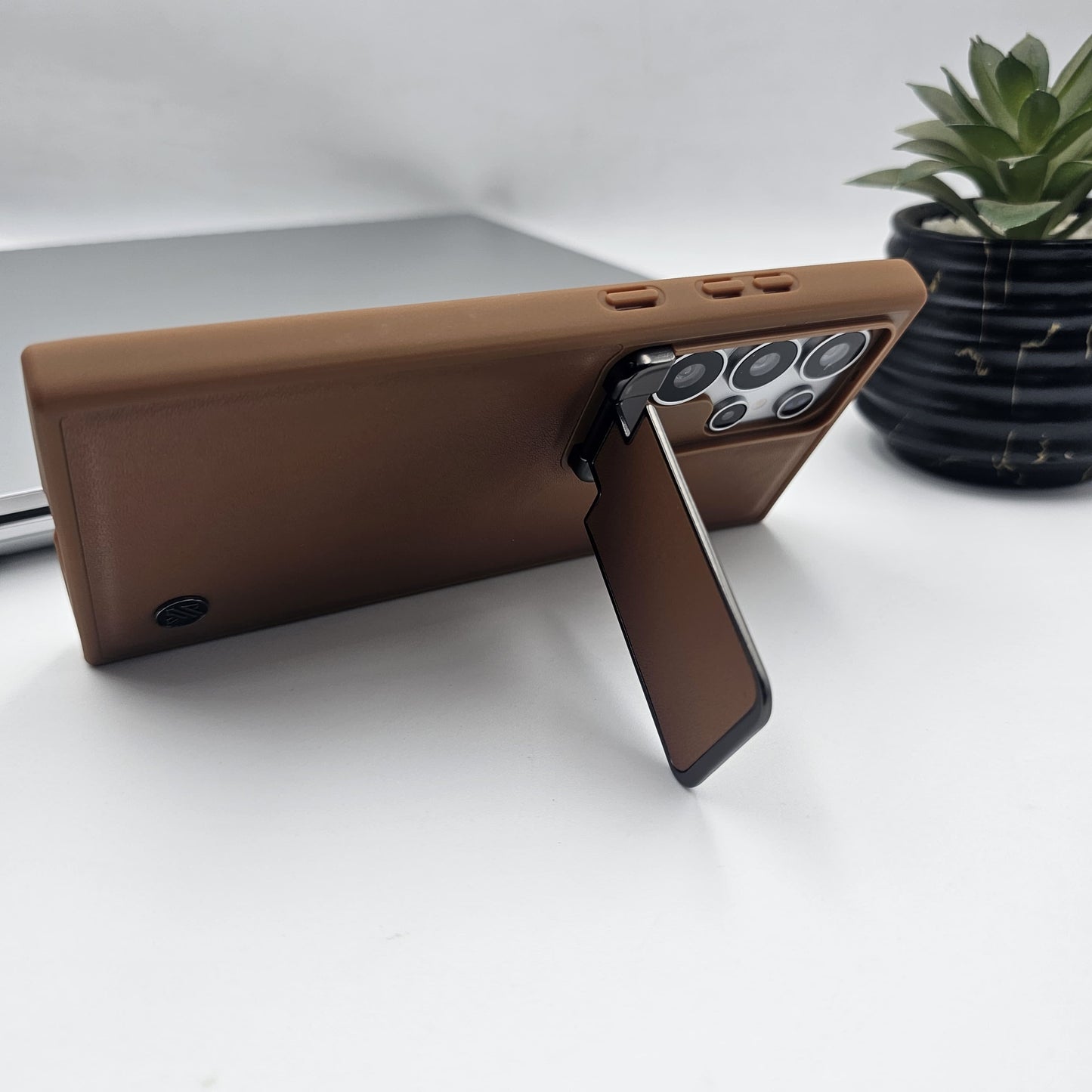 Samsung Galaxy S24 Ultra Leather Foldable Metal Stand Camera Protection Case
