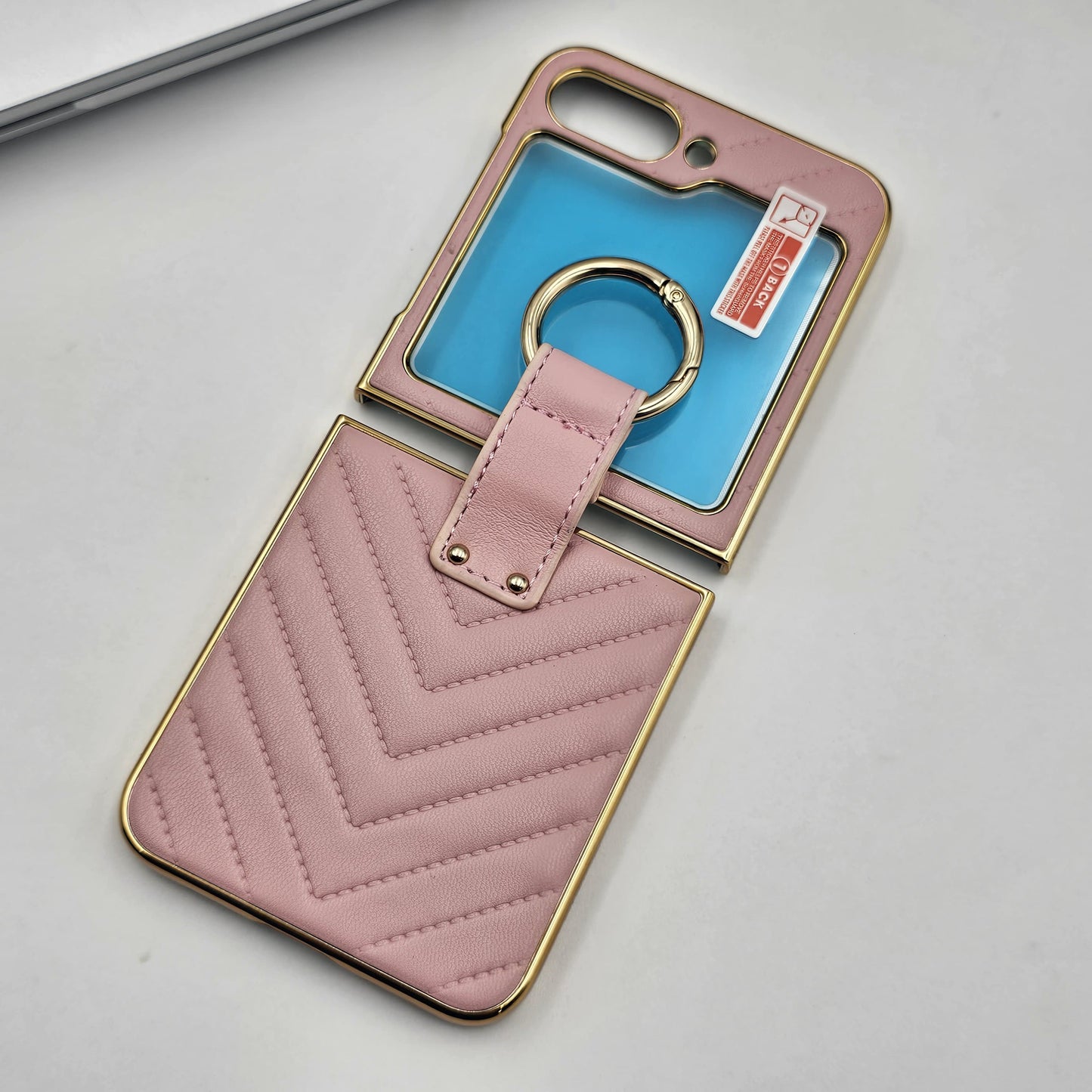Luxury Puffer Leather Case with Ring Holder for Samsung Galaxy Z Flip 6 | Side Gold Plated Cover