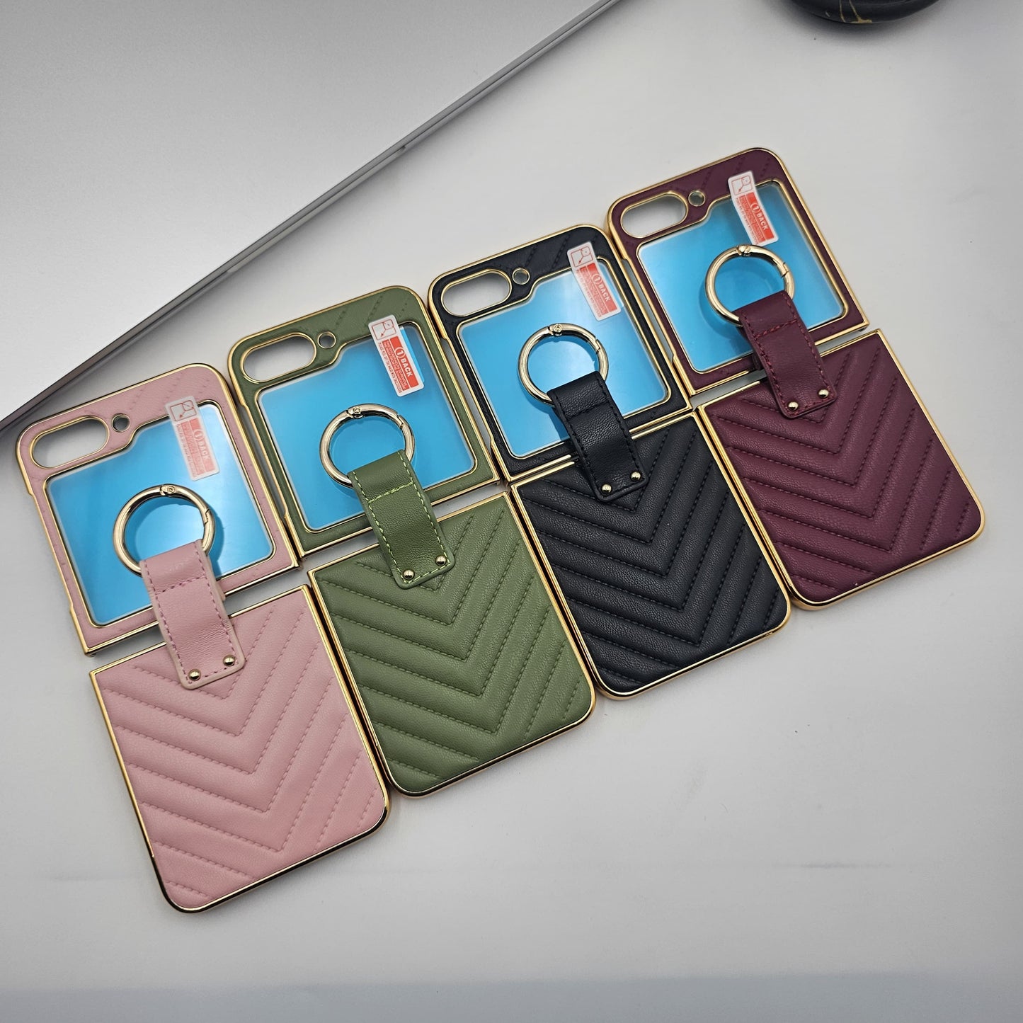 Luxury Puffer Leather Case with Ring Holder for Samsung Galaxy Z Flip 6 | Side Gold Plated Cover