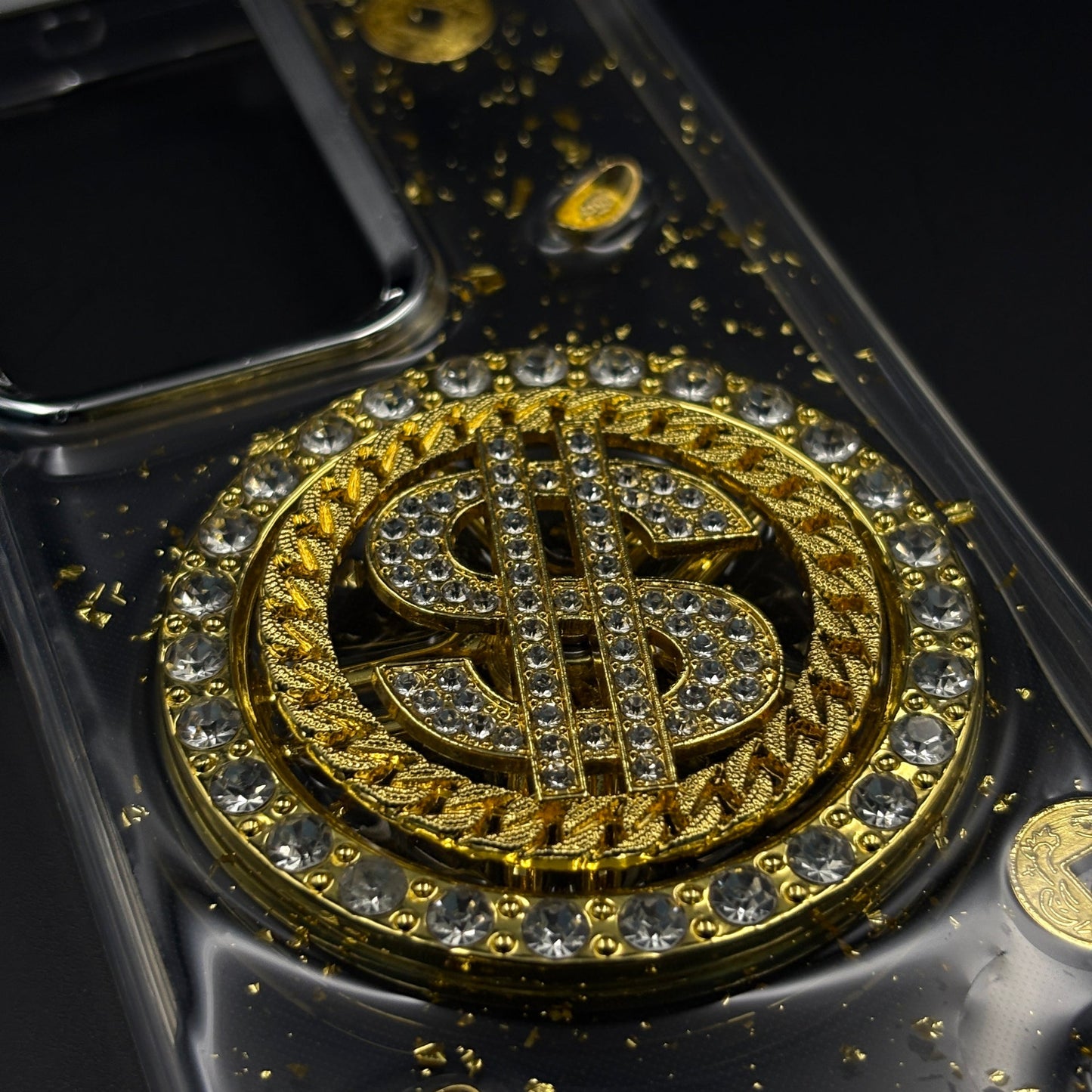 Luxury Rotating Dollar Case for Samsung Galaxy S26 Ultra | Gold Bling Coin Design with Beaded Wrist Strap