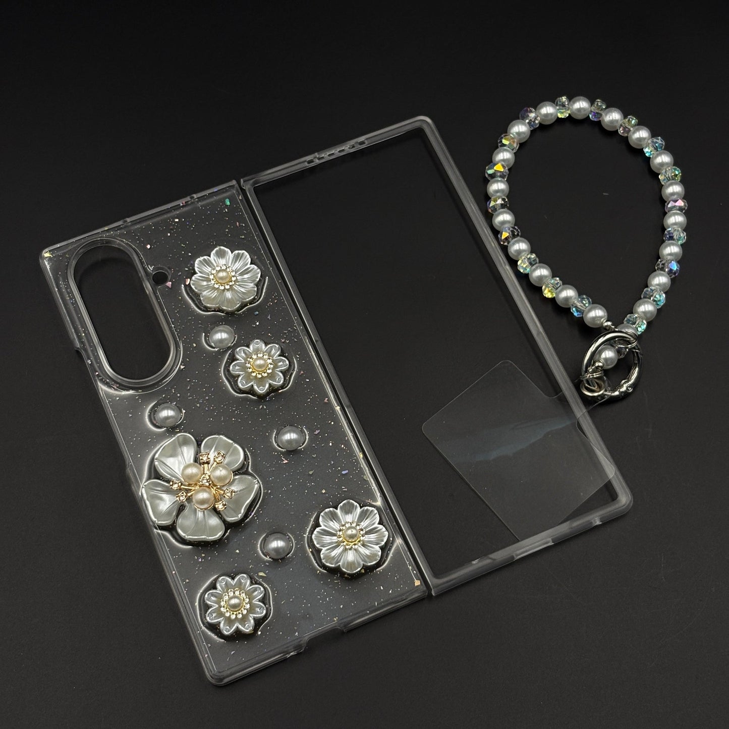 Pearl Daisy Glitter Case with Beaded Strap for Samsung Galaxy Z Fold 7
