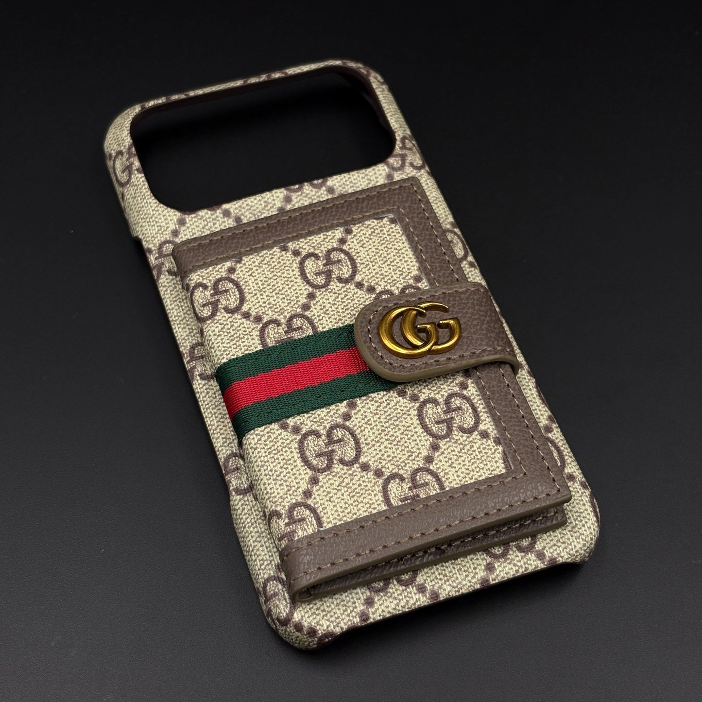 GG Monogram Cardholder Branded Mobile Case Cover for iPhone 17 Series | Slim Wallet | Fine PU Leather