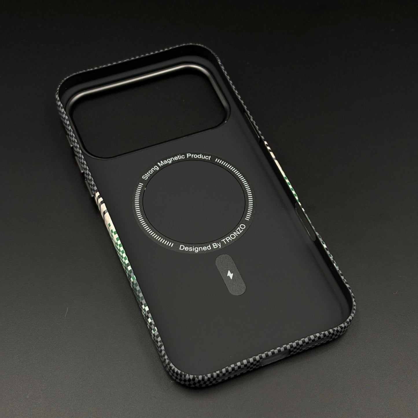 Green White Striped Premium Mobile Case Cover for iPhone 17 Series | Rare Aramid Texture Finish | Real Carbon Fibre Feel | Hidden MagSafe
