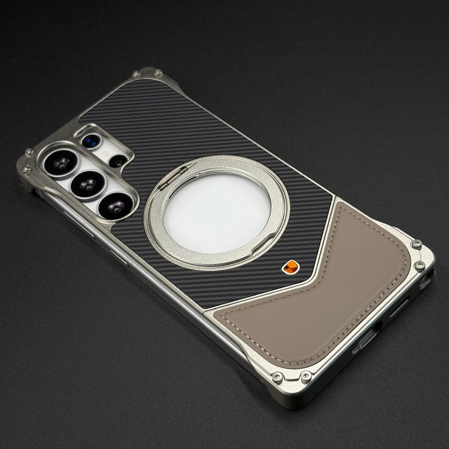 Frameless Carbon Fiber Bumper Case for Samsung Galaxy S24 Ultra | 360° Rotating Magsafe Stand | Rugged Magnetic Protection