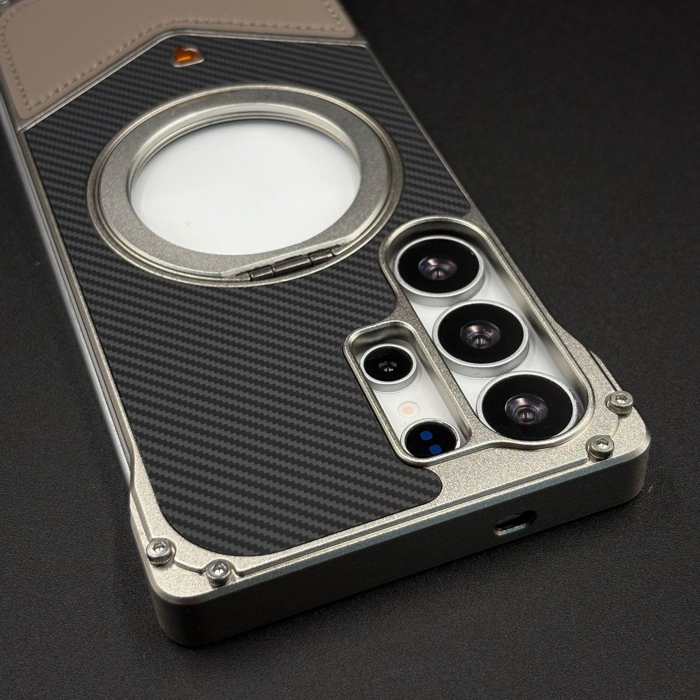 Frameless Carbon Fiber Bumper Case for Samsung Galaxy S24 Ultra | 360° Rotating Magsafe Stand | Rugged Magnetic Protection
