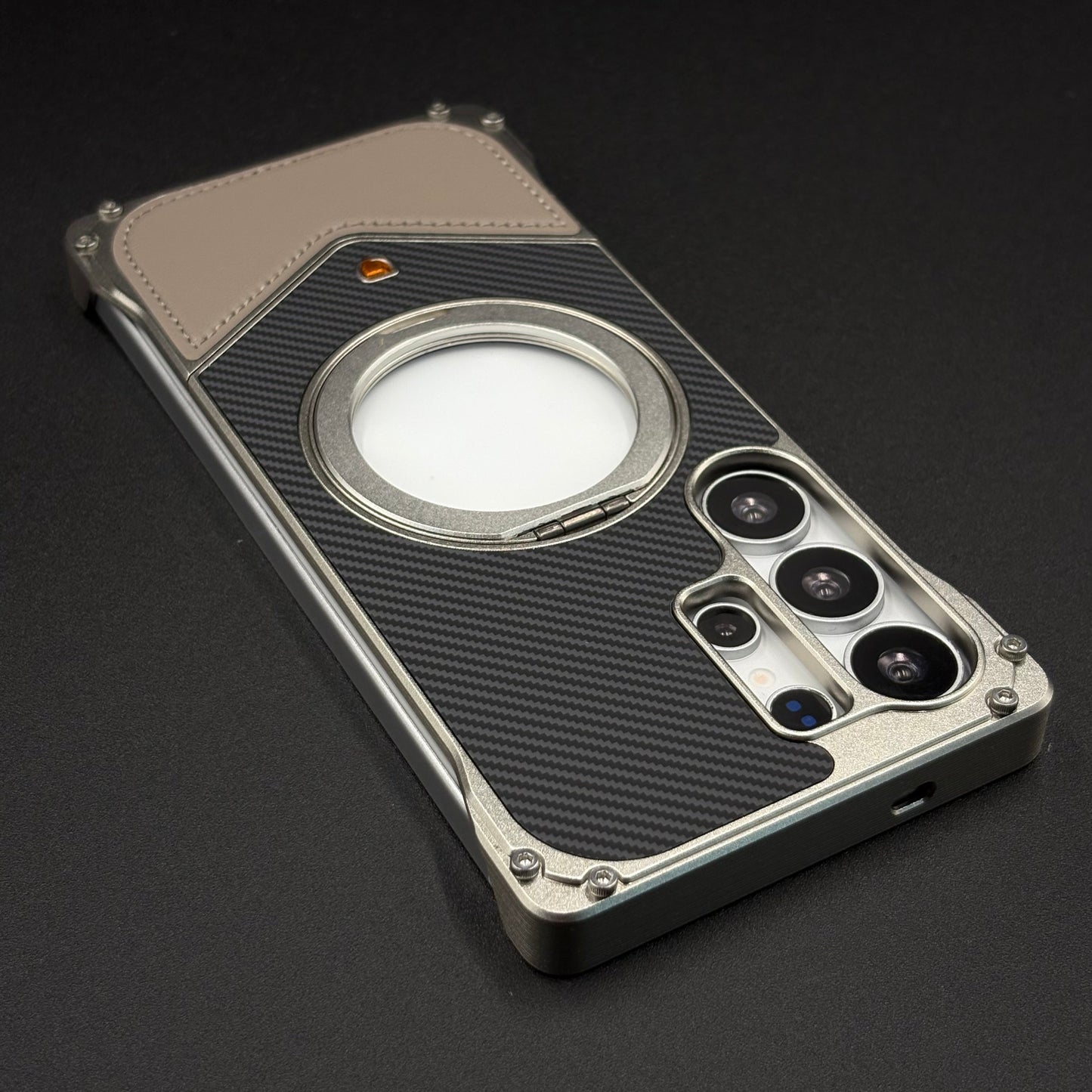 Frameless Carbon Fiber Bumper Case for Samsung Galaxy S24 Ultra | 360° Rotating Magsafe Stand | Rugged Magnetic Protection
