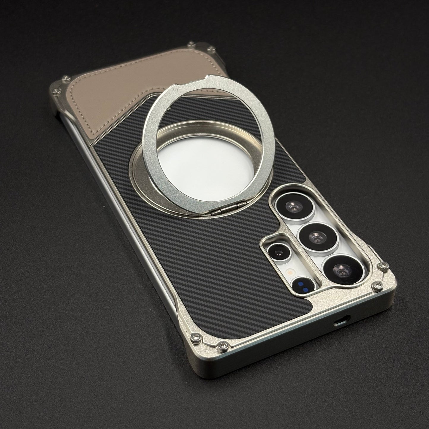 Frameless Carbon Fiber Bumper Case for Samsung Galaxy S24 Ultra | 360° Rotating Magsafe Stand | Rugged Magnetic Protection