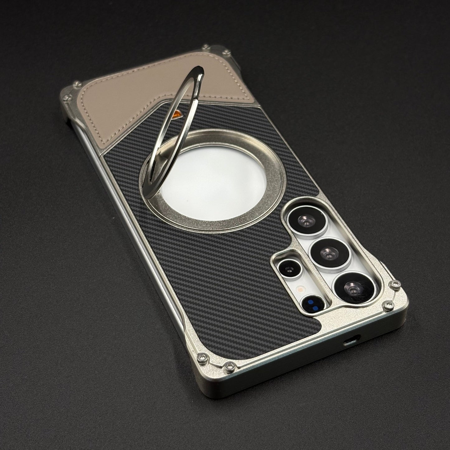 Frameless Carbon Fiber Bumper Case for Samsung Galaxy S24 Ultra | 360° Rotating Magsafe Stand | Rugged Magnetic Protection