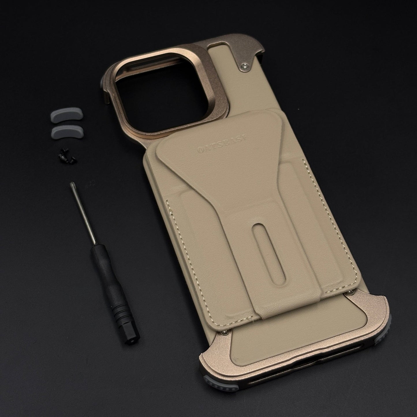 Frameless Border Metal Case with Leather Finish and Stand for iPhone 16 Series