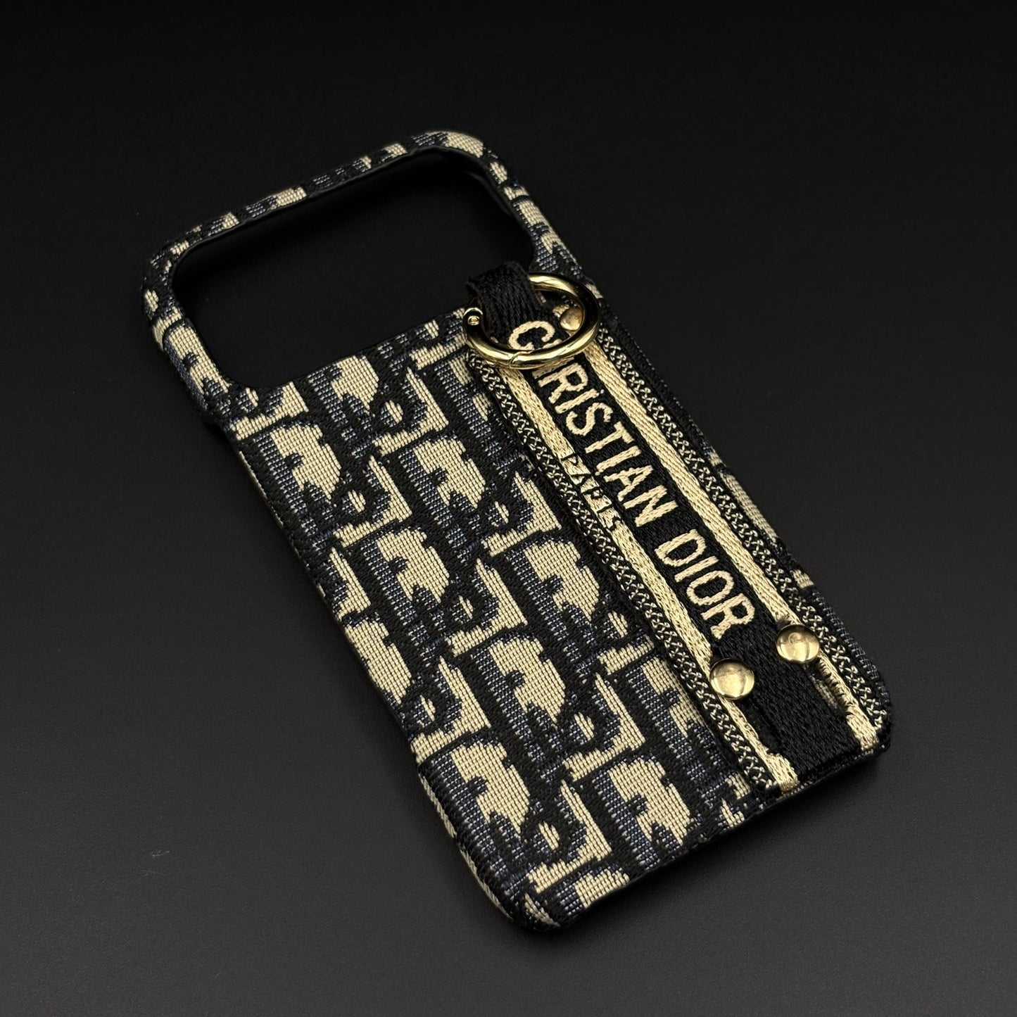 CD Embroidered Belt Strap Case for iPhone 17 Series | Designer Fabric Holder