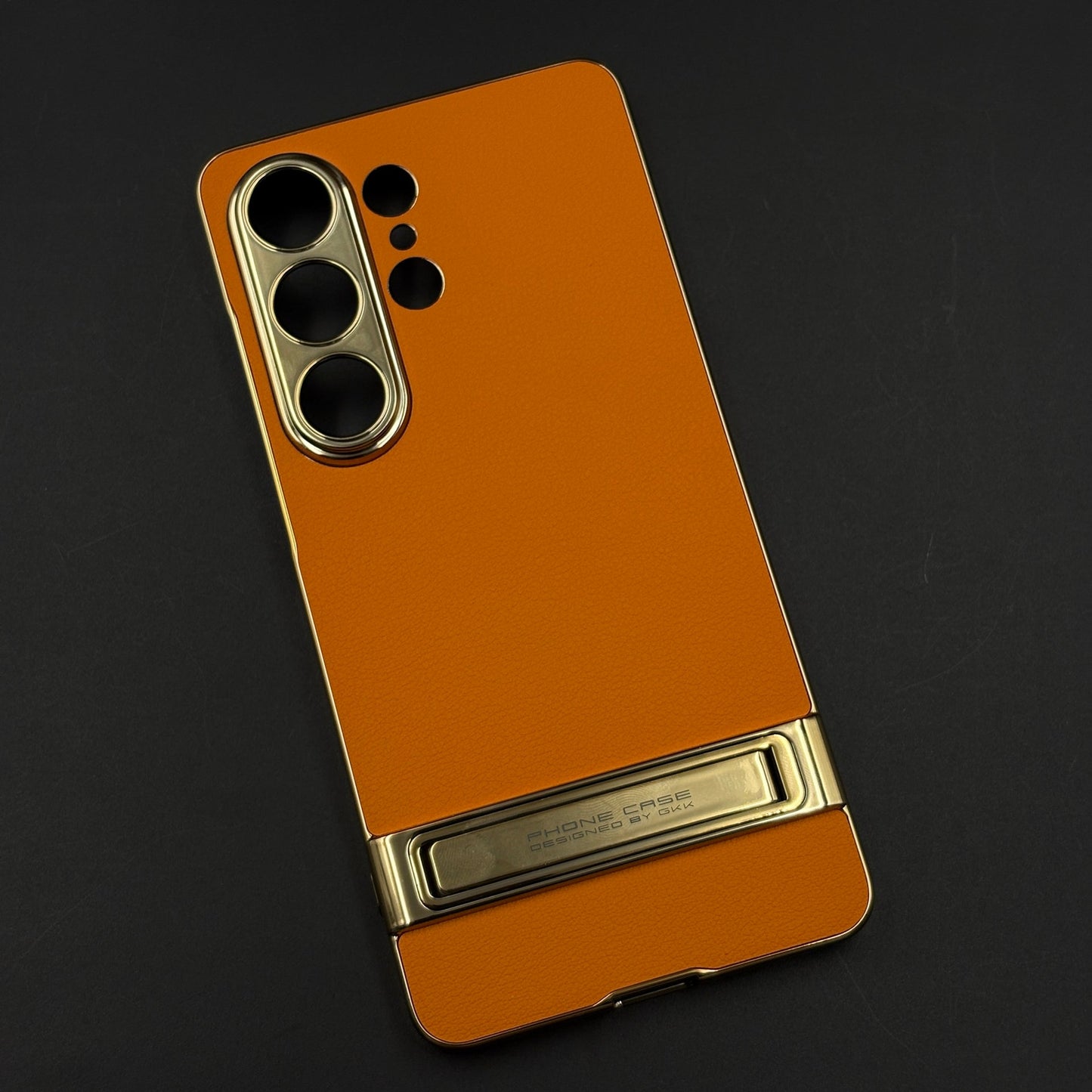 Orange Leather Kickstand Case with Gold Border and Camera Protection for Samsung Galaxy S26 Ultra