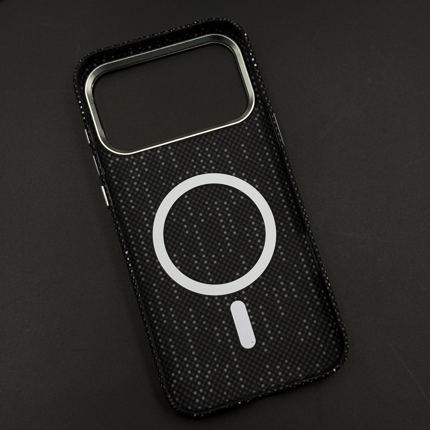 Speckled Night Grid Carbon Fibre Hidden MagSafe Case with Camera Kickstand for iPhone 17 Series
