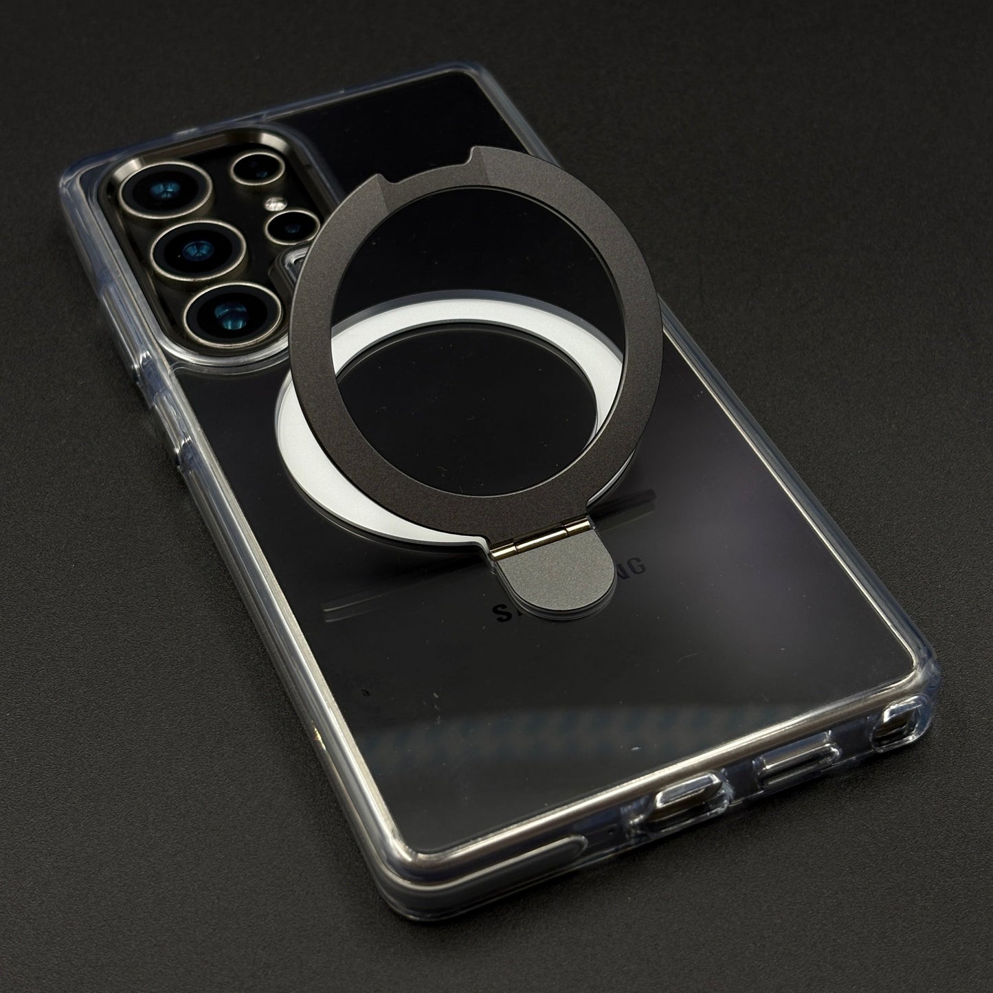 Magnetic Metal Ring Stand Case for Samsung Galaxy S25 Ultra | Magsafe Compatible | Non-Yellowing | Shockproof Transparent Cover