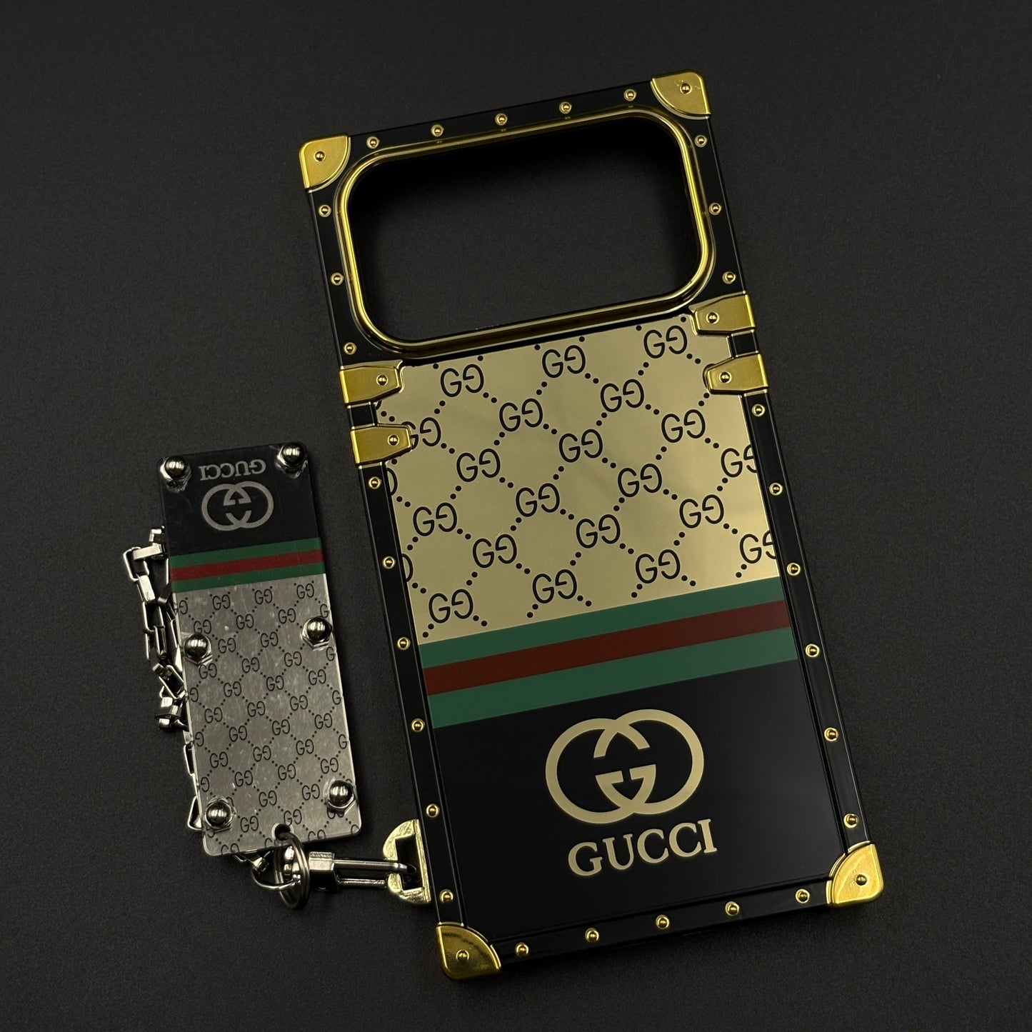 Luxury GG Stripe Square Trunk Case with Chain for iPhone 17 Series