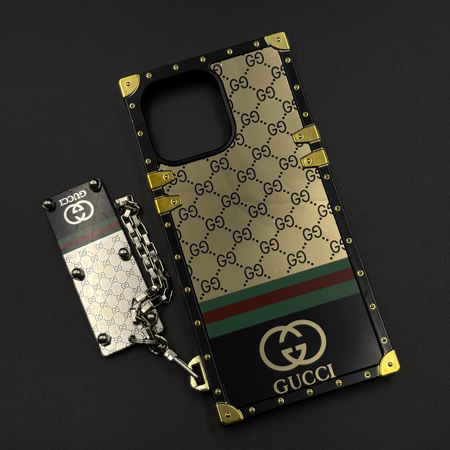 Luxury GG Stripe Square Trunk Case with Chain for iPhone 16 Pro Max