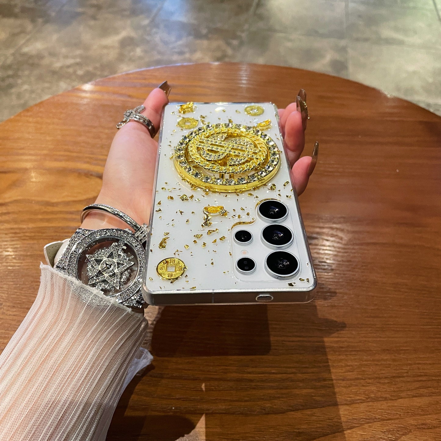 Luxury Rotating Dollar Case for Samsung Galaxy S24 | Gold Bling Coin Design with Beaded Wrist Strap