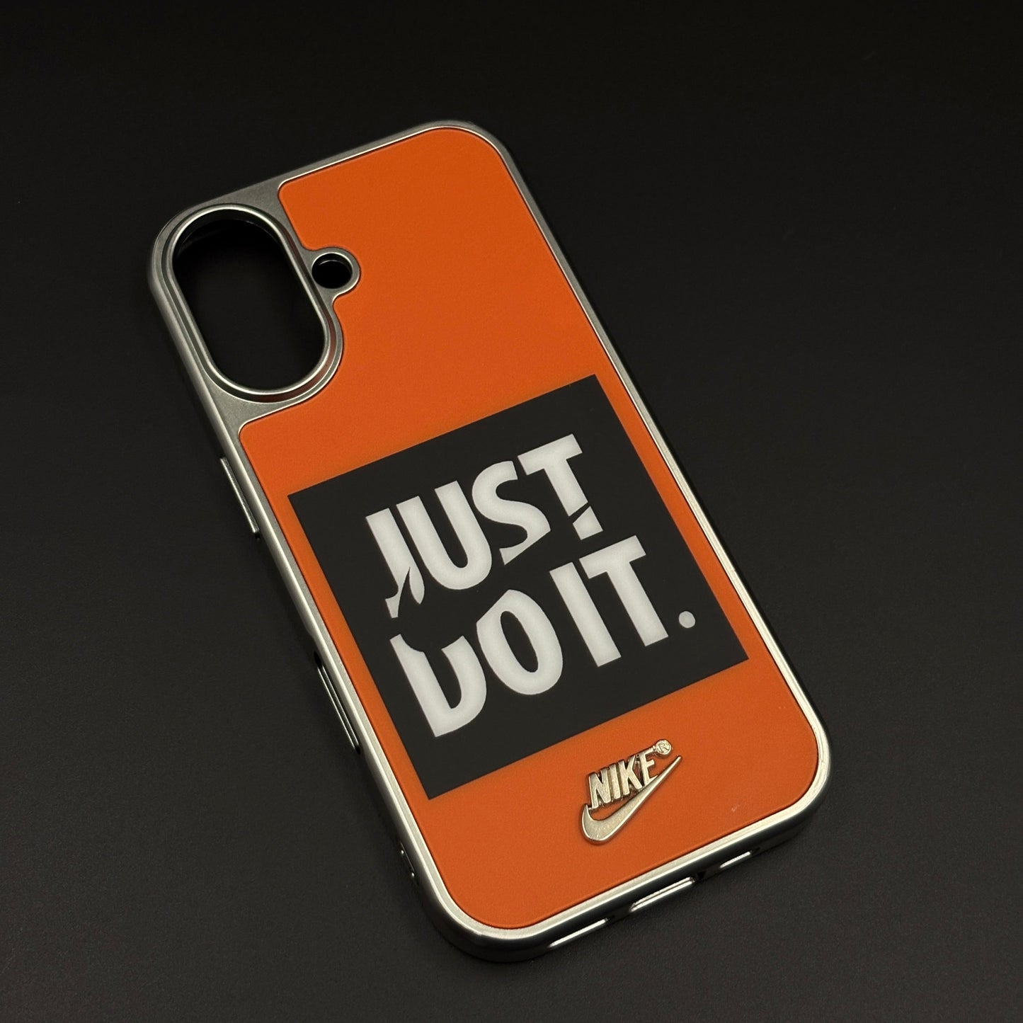 Sports Edition “Just Do It” Mobile Case Cover for iPhone 16 | Aluminium Frame Athletic Cover | Embossed Logo