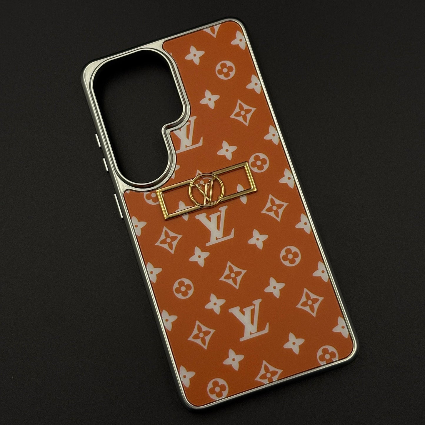 Luxury Fashion Brand Orange Monogram Elegance Case for Samsung Galaxy S26 Ultra with Metallic Accent