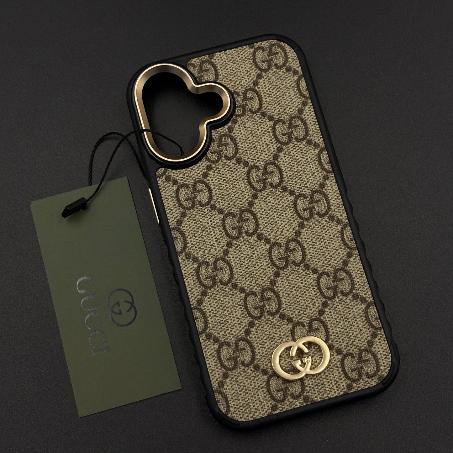 Beige GG Classic Heritage Case for iPhone 17 with Monogram and Gold Emblem