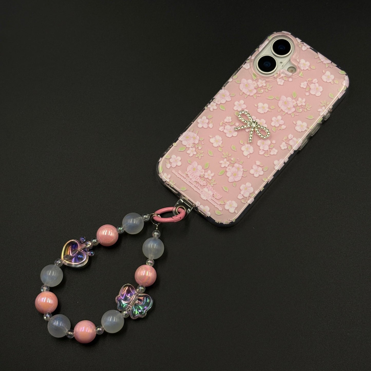 Pink Floral Bow Charm Case for iPhone 17 with Sweet Blossom and Beaded Sling