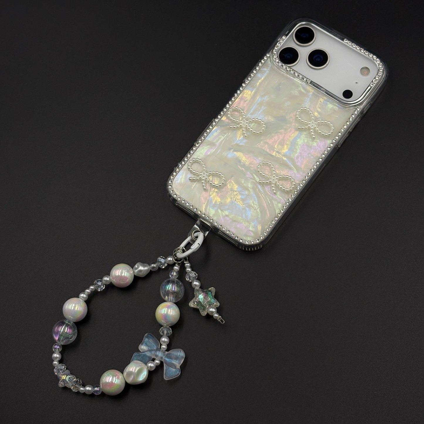 Iridescent Bow Luxe Diamond Case for iPhone 17 Series with Charm Sling