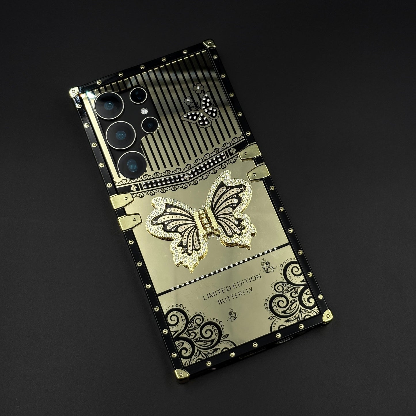 Luxury Butterfly Trunk Case for Samsung Galaxy S24 Ultra | Gold Mirror Finish | Diamond Butterfly
