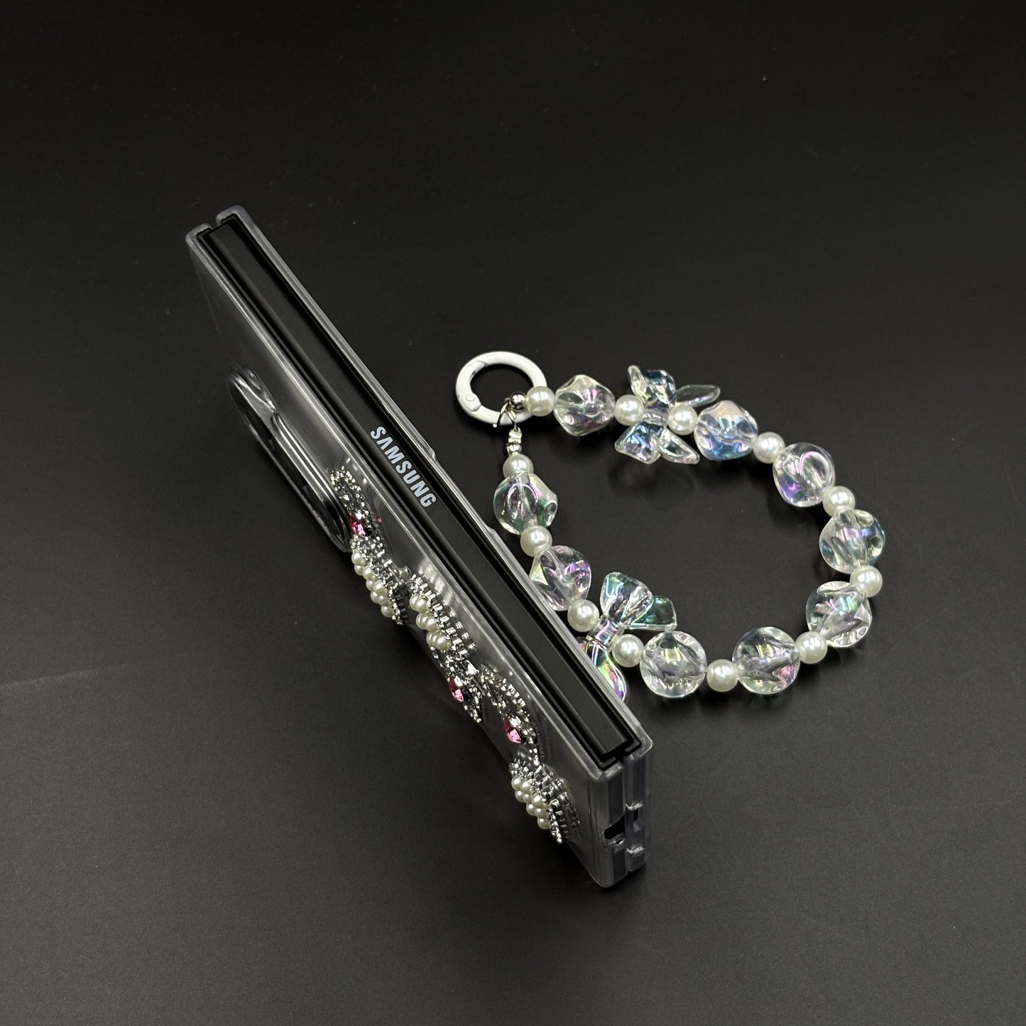 Luxury Pearl Heart Case with Beaded Strap for Samsung Galaxy Z Fold 7 | Glitter Transparent Cover