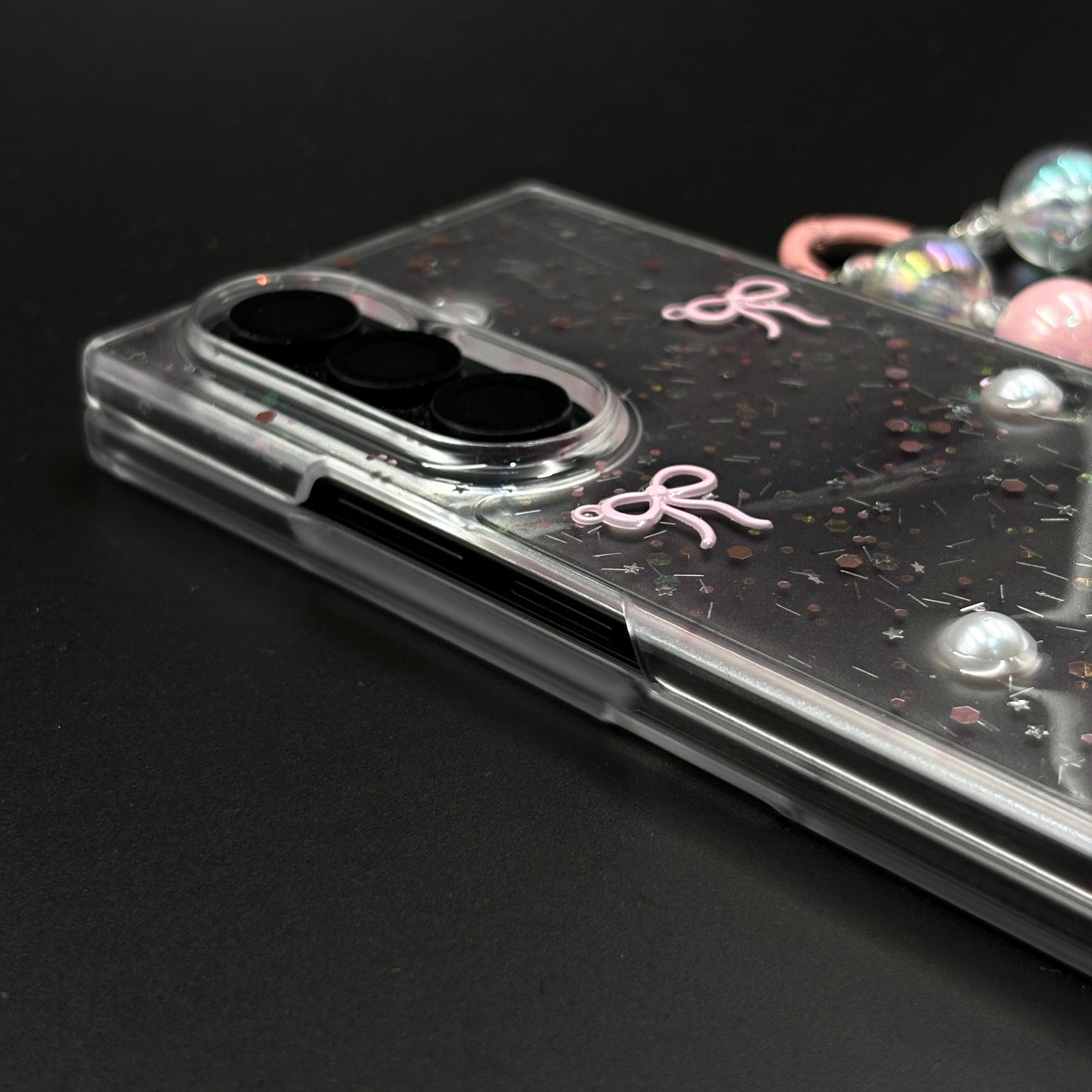 Samsung Galaxy Z Fold 7 Cute Pink Glitter Case with Pearl & Charm Strap | Protective Transparent Cover