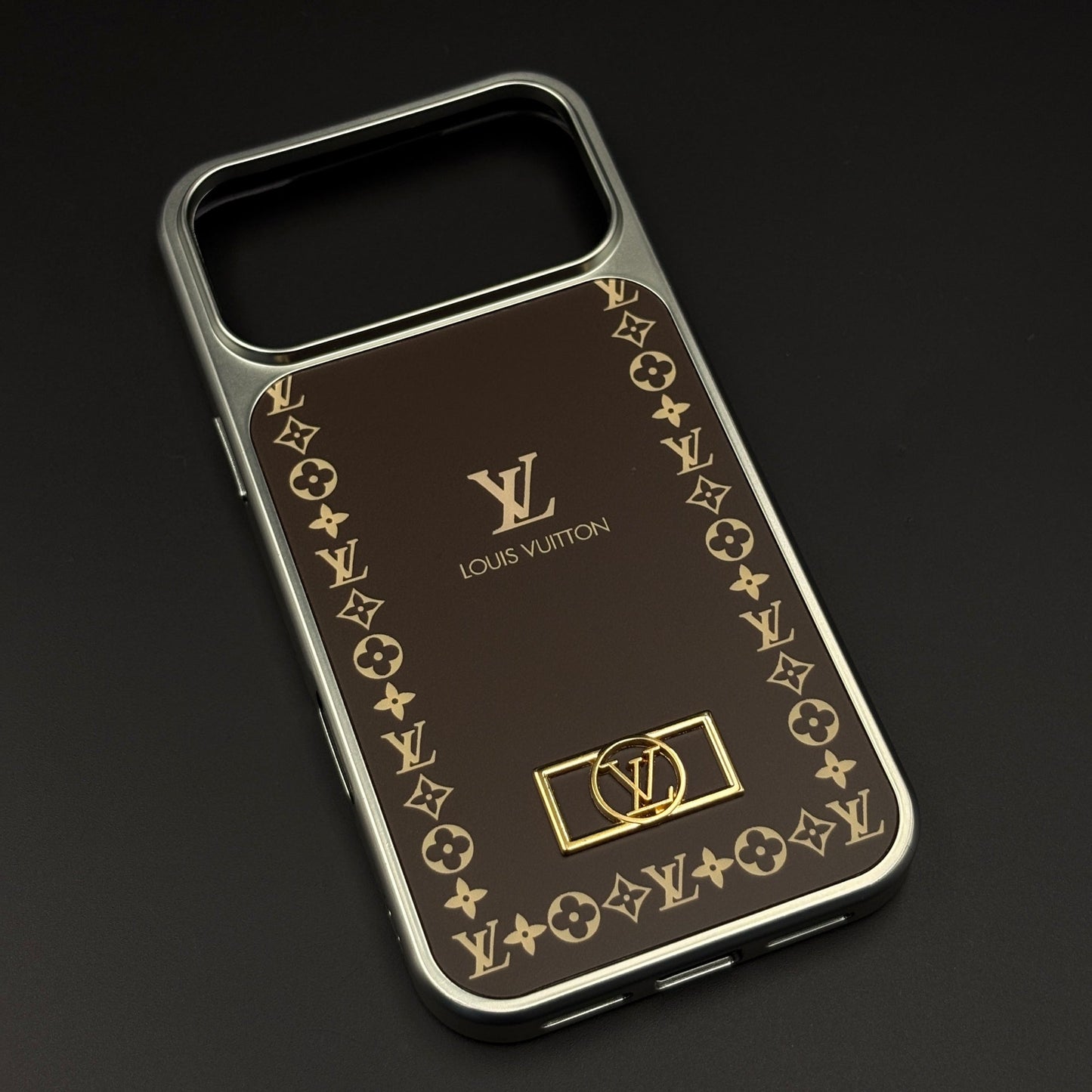 Luxury Monogram Border Metal Style Frame Brown Case for iPhone 17 Series | Premium Back Cover