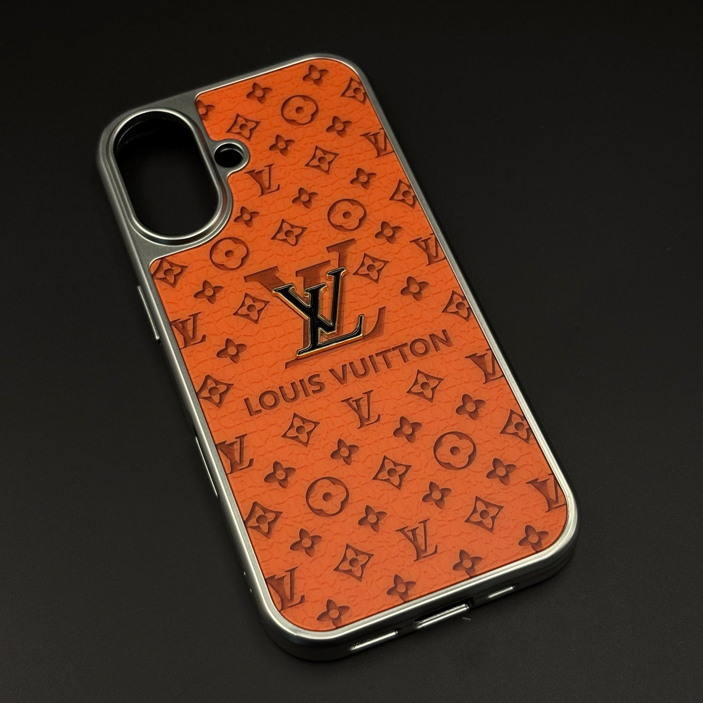 Luxury Brand Metal Style Frame Leather Case for iPhone 17 | Premium Embossed Back Cover