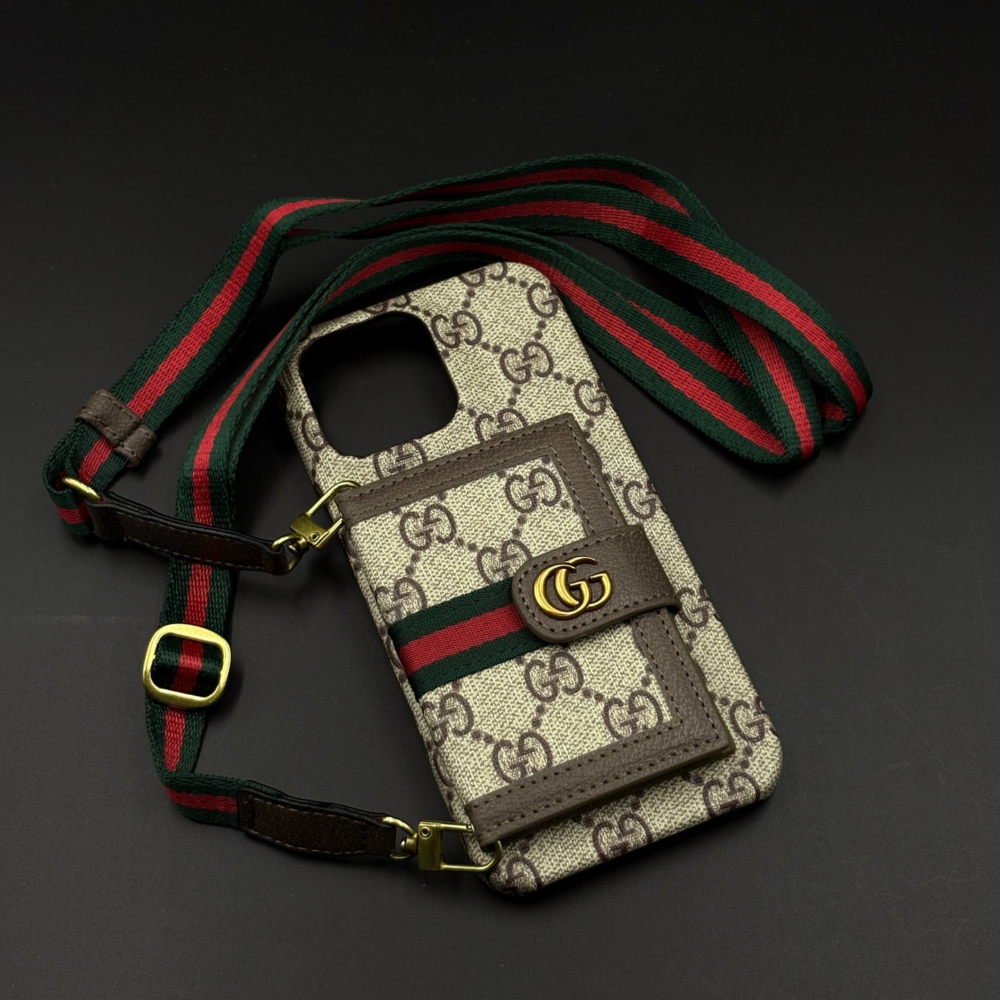 iPhone Luxury GG Stripe Leather Wallet Case with Cardholder & Crossbody Sling