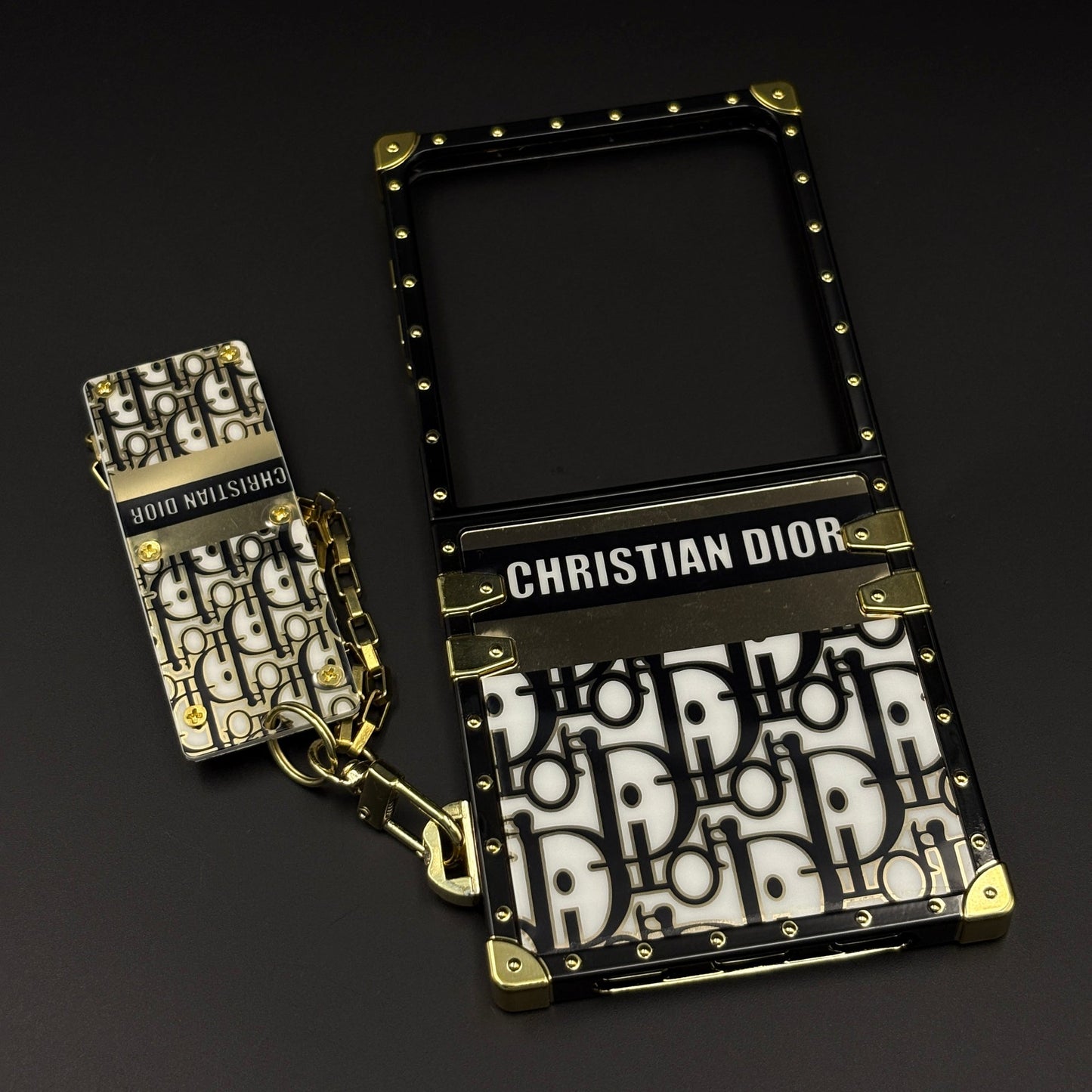 Luxury Trunk CD Case with Chain for Samsung Galaxy Z Flip 7 Designer Metal Frame | Gold Monogram